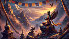 Kinnari and Kinnara on a Himalayan ridge at twilight, captured mid-song as prayer flags flutter and the valley listens.