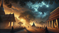 A dramatic depiction of Phra Mae Thorani rising from the earth beside the Bodhi tree, water streaming from her hair to confront Mara.