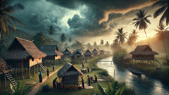 A Semai clearing as storm clouds gather: cottages, fields, and the thin ribbon of river that runs through the valley.