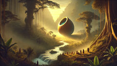 El mito de la creación de los Karbi. Illustration of the Karbi creation myth: a great gourd forming the hills, rivers, and first people.
