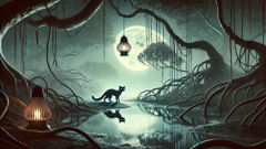 Uma margem de rio tranquila sob a luz da lua, onde o Bajang poderia deslizar das sombras para o espaço ao lado de uma criança que dorme.