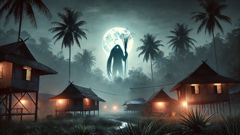 Uma silhueta alta e esguia do Hantu Galah, tão delgada quanto um junco, espiando acima das copas das árvores ao crepúsculo, capturada pela luz da lua e pelas sombras.