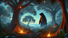 Die Geschichte von Jambavan, dem Bärenkönig Jambavan, the ancient bear king, standing sentinel among mango trees as dusk spills gold through the canopy.