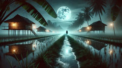 La historia del Pugot (una criatura sin cabeza) A moonlit field near a Visayan village: the setting where Pugot tales are most often told, where shadows and tall grass keep secrets.