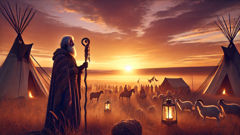 Dede Korkut pauses at sunset on the Anatolian plain, staff in hand, songs of counsel rising with the wind.