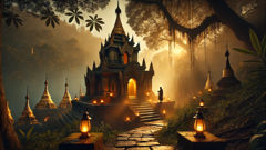 A Weza’s silhouette stands watch at the gilded pagoda as dusk settles, lantern light and mist weaving through temple steps.
