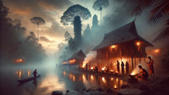 A mist-veiled longhouse by river at twilight—where Iban stories of the Petara begin to be told and renewed.