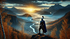 Ural-batyr overlooking the Ural mountains as dawn breaks—an image of hope and resolve.