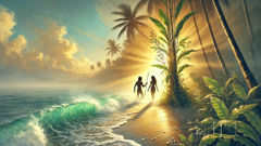 An evocative scene of a bamboo stalk opening at dawn as the first man and woman step into the light beside the shore.