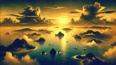 A golden dawn where sky and sea meet above fledgling islands—an image that evokes the opening of the Visayan creation myth.