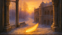 Prince Ivan discovers a single glowing feather from the Firebird on the palace windowsill, igniting a quest across enchanted forests and moonlit trails.