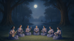 Moonlit Gandharvas perform by a river, their instruments catching starlight as they bridge earth and heaven.
