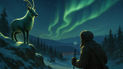 A luminous goral spirit stands on a wind-swept ridge as northern lights shimmer; the guardian watches over lost hunters.