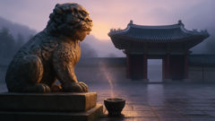 A Haetae statue at a palace gate, portrayed with overlapping scales and an alert posture, symbolizing vigilance and justice.