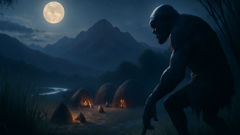 A mysterious Hai-uri prowls under the moonlight near a Khoikhoi settlement, its single leg poised for a silent leap.