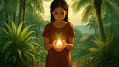 An imagined scene of Hainuwele in the forests of the Maluku Islands, her hands full of sprouting tubers that will change the islands’ fate.