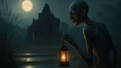 Die Geschichte der Pretas (hungrige Geister) A preta, emaciated and hollow-eyed, wanders beneath the moon beside a ruined temple, its hunger a visible ache in the night.