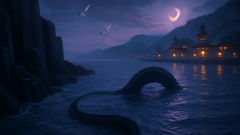 A moonlit imugi threads between waves and basalt cliffs, the first hint of a thousand-year story.