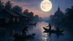 A serene moonlit stretch of the Mekong where villagers leave offerings to the water dragon for rain and bounty.