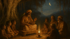 Die Legende der Jataka-Geschichten: Weniger bekannte Lebensgeschichten des Buddhas. A storyteller under a banyan tree at twilight, evoking the intimate oral roots of the lesser-known Jataka tales.