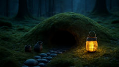 A low mound of moss lifts as a Korpokkur slips into shadow beneath the roots, beneath the pines of Hokkaido.