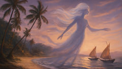 Die Geschichte von Lihangin (Windgöttin der Philippinen) Lihangin, daughter of the sky, depicted above a palm-lined shoreline as dusk gathers and the last fishers head home.