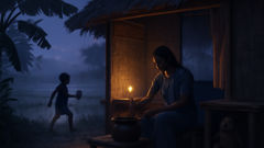 A dusk-lit bamboo hut where belief and fear gather: a mangkukulam's doll kept beneath a table, wrapped in cloth and pins.