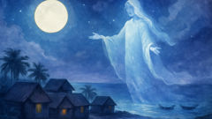 A Lenda de Mayari, a Deusa da Lua. Mayari descends over an island village, scattering silver light over nipa roofs and coconut fronds.