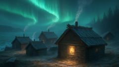 A Nivkh fishing village at dusk, chimneys wafting smoke under a ghostly aurora—home of stories about the Fire God.
