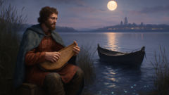 The Story of Sadko, the Musician Sadko by the Neva at moonrise, his fingers drawing a melody that will ripple beneath the surface and call a kingdom to attention.