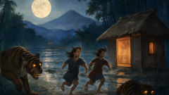 Haneul and Sori flee through the rice paddies under a low moon, the tiger's eyes glowing behind them.