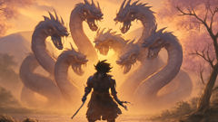 Susanoo stands defiantly at dawn before the monstrous eight-headed Yamata no Orochi on the mist-shrouded banks of the Hi River.