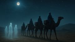 A Tuareg salt caravan moves beneath a constellation-strewn sky, shadows hinting at spirits in the dunes.