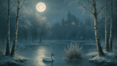 Die Geschichte der weißen Ente. A solitary white duck circles the icy heart of a birch-encircled pond beneath a winter moon.