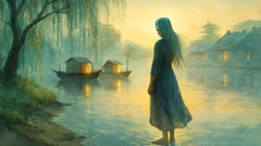 A white-sheathed spirit pauses at dawn, the river mist curling like silk around her hands as she contemplates the human world.