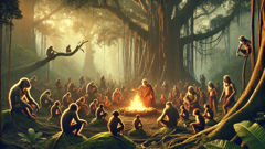 A História dos Vanaras (Povo-Macaco) Vanara elders and scouts convene beneath a banyan tree as dawn gilds the forest canopy, reflecting the blend of council and kinship central to their culture.