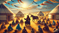 Aldar Kose sits on a low stool in the open steppe, laughing as villagers gather around to hear a new tale.