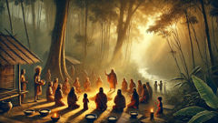 At dawn the Temuan gather at the forest edge to share stories—mist, torchlight, and the low murmur of ancestral memory.