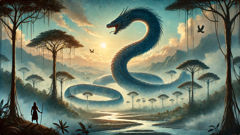 Illustration: the primordial serpent winds through the empty world, its body shaping rivers and rising as mountains at dawn.