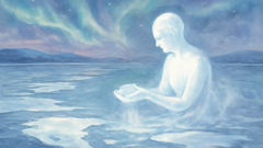 An imagined vision of the Great White Creator emerging from the primeval ocean as twilight gathers over the future Sakha lands.