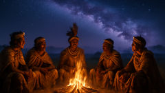 Elders of the Zulu gather around a glowing fire, sharing the ancient myth of the Chitauri as constellations shimmer above the savannah.